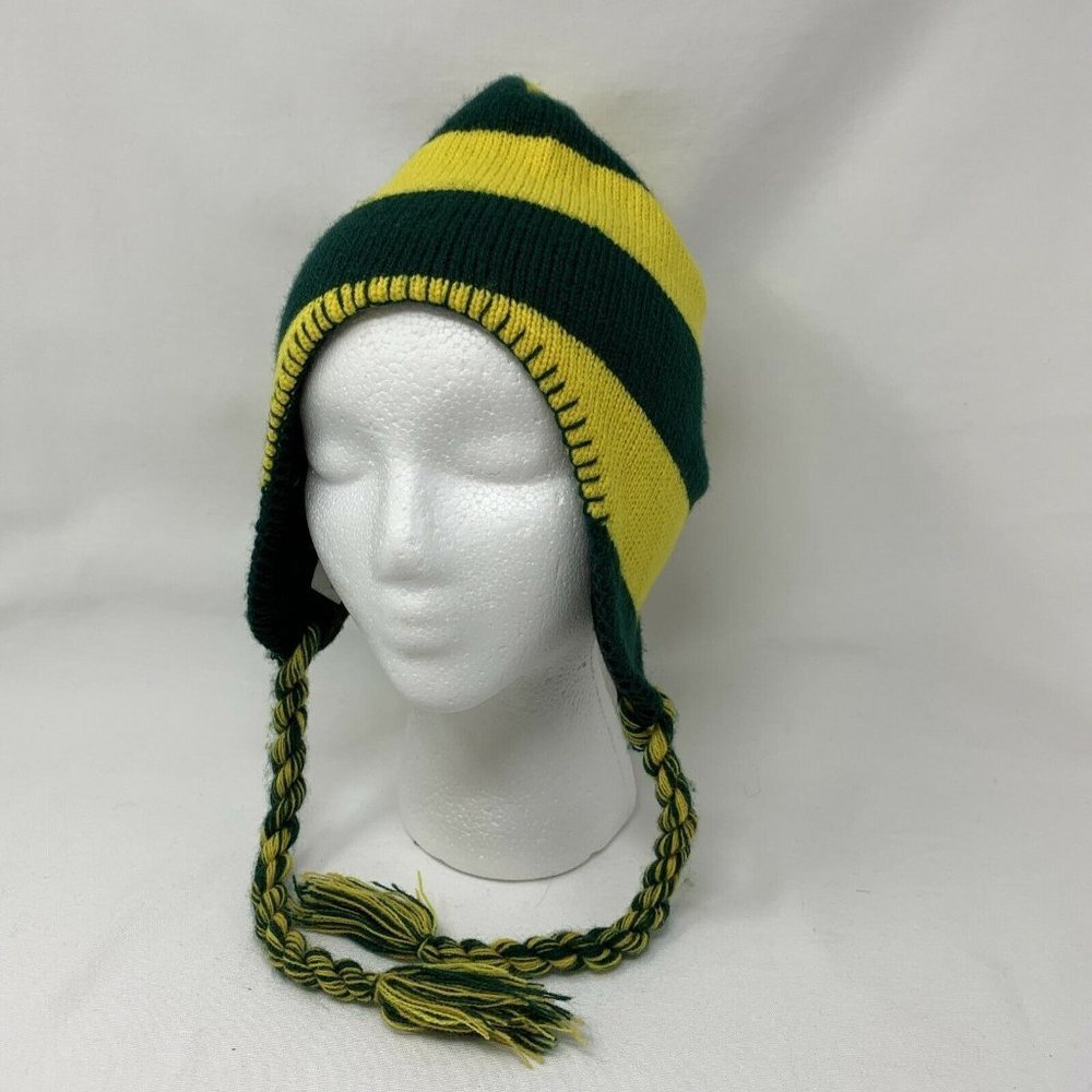 Green & Yellow Striped Beanie (w/tassels)